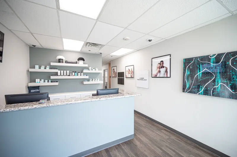 Reception lobby with SkinCeuticals product shelves at SKIN Las Vegas med spa